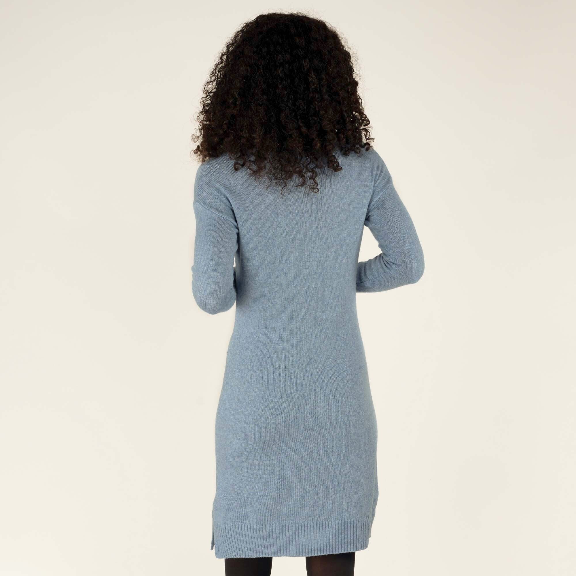 The model faces away from the camera, revealing the back of the Sherpa Adventure Gear Lhakpa Mock Neck Dress in Blue. The clean and seamless design of the dress is highlighted, showing the lack of additional embellishments. The hem and slight slit at the back complete the design.