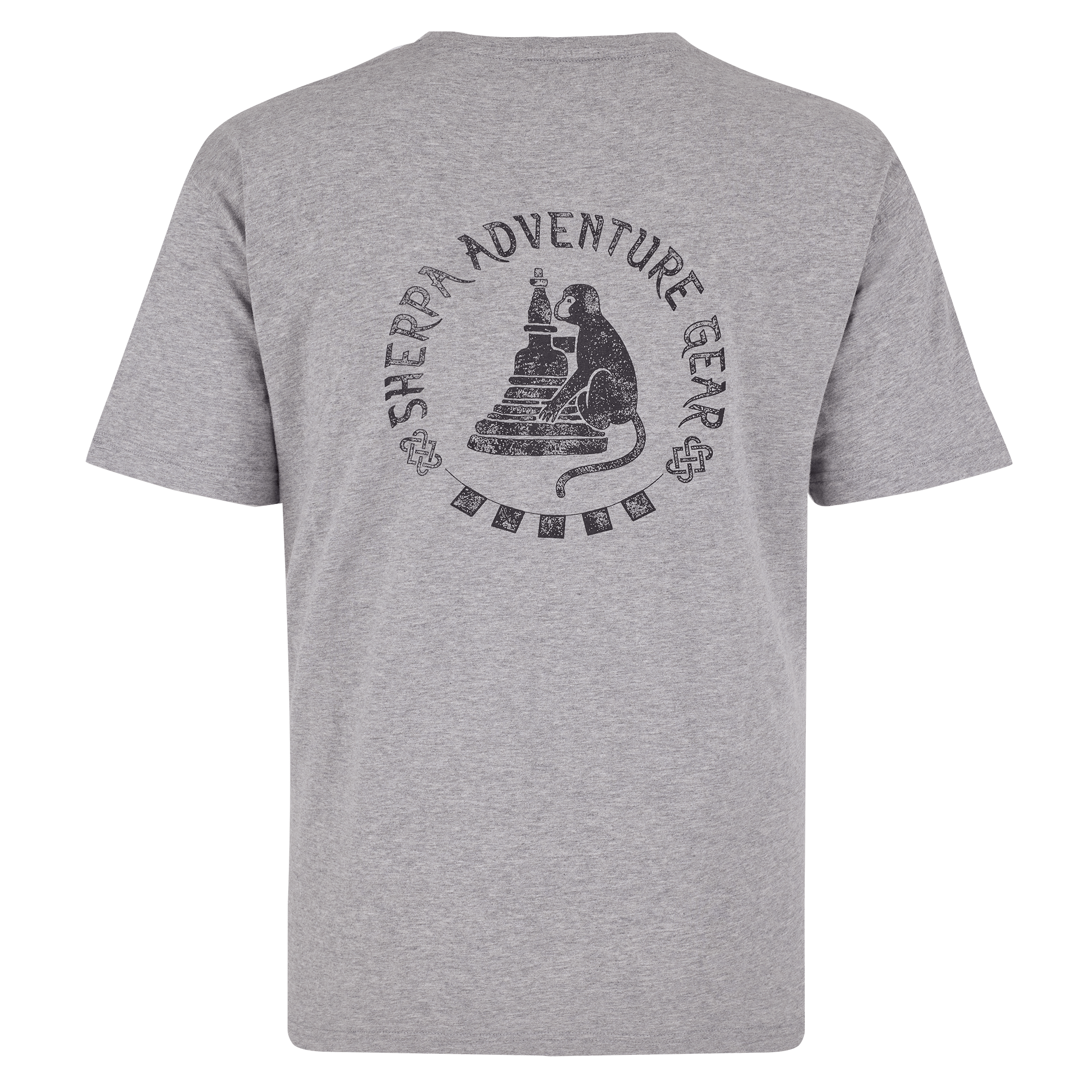 Sherpa Adventure Gear Monkey T-Shirt in Grey from the back showing a large Sherpa Adventure Gear detail with a Monkey sat on a tower