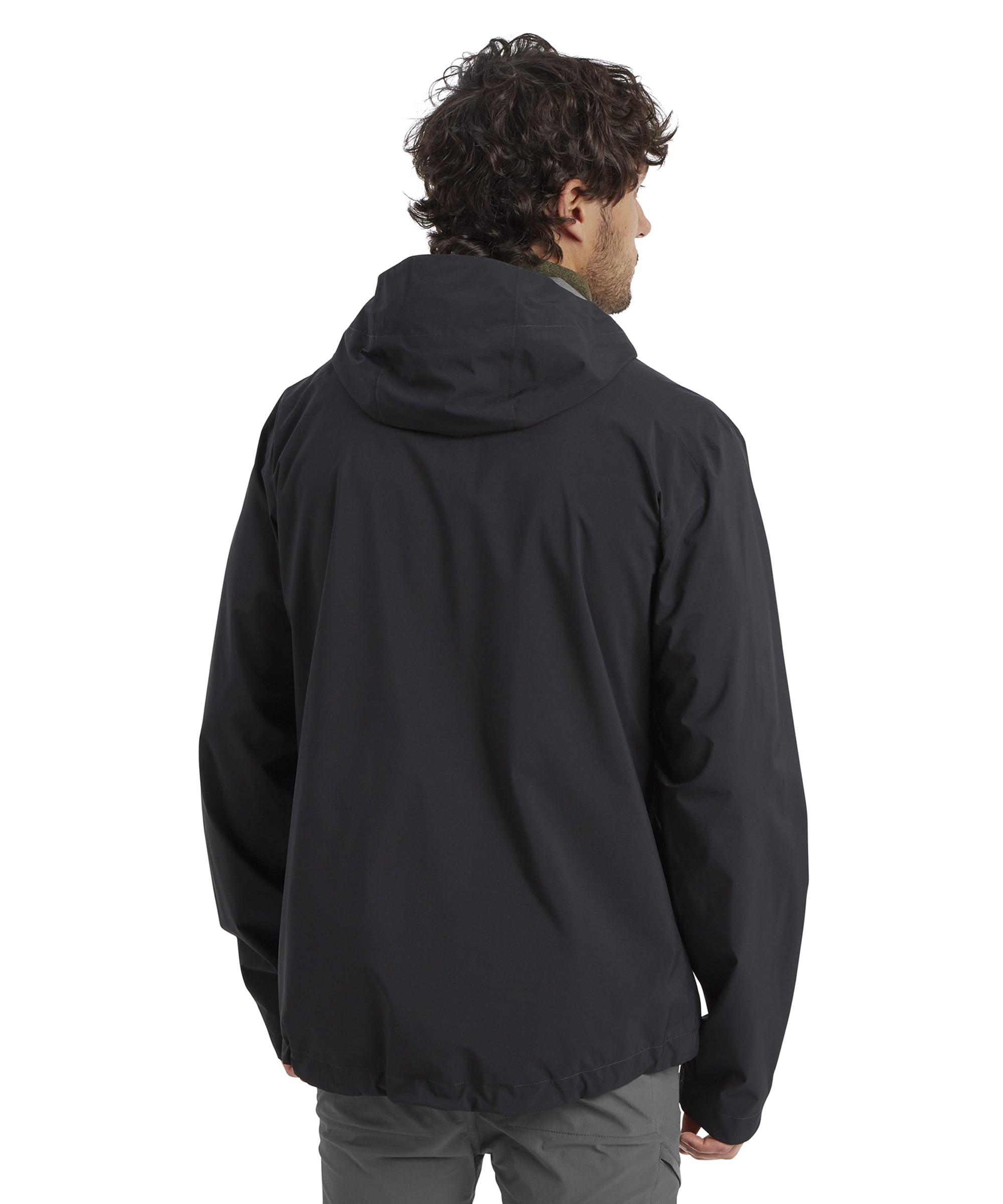 The back of the Sherpa Adventure Gear Nima 2.5-Layer Jacket in Black showing its simple and sleek design, with a hood and clean seams, emphasising the minimalist aesthetic.