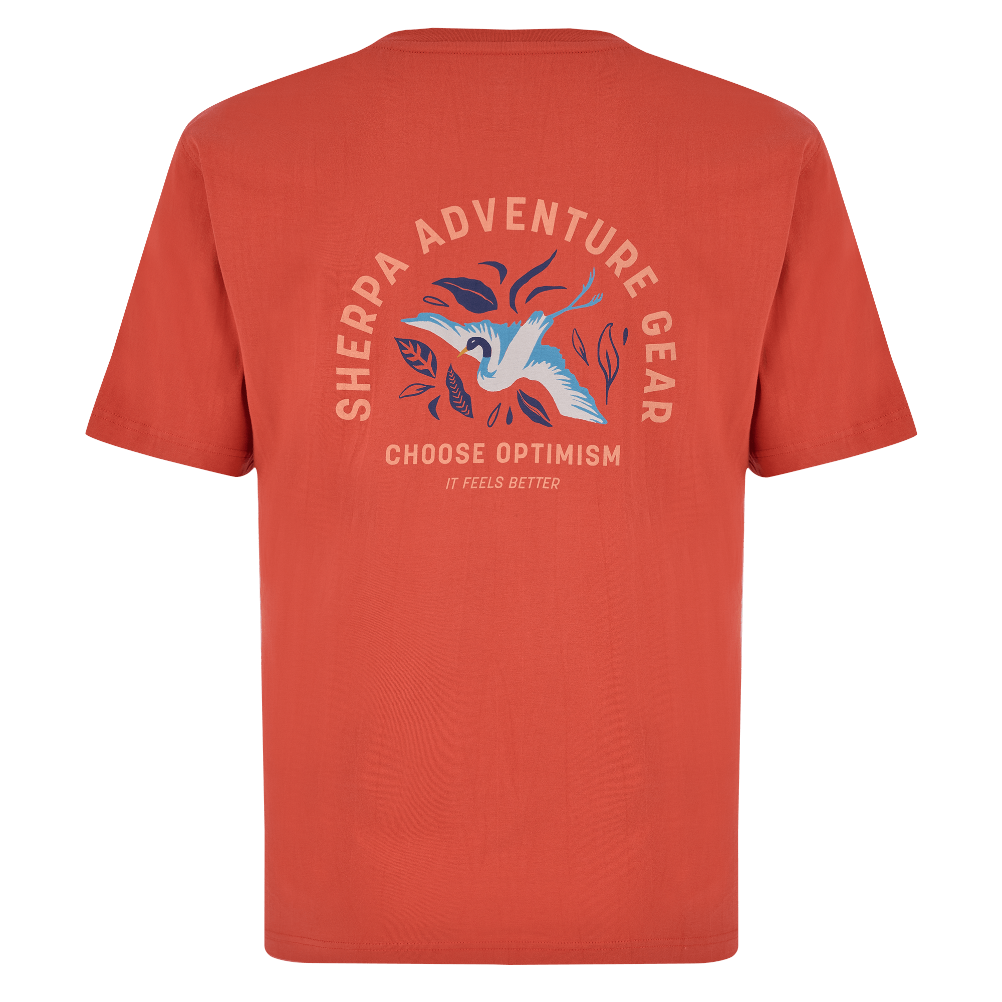 Sherpa Adventure Gear Optimism T-Shirt in Red from the back displaying some artwork of a crane bird alongside the text of "Sherpa Adventure Gear" "Choose Optimism" "It feels better"