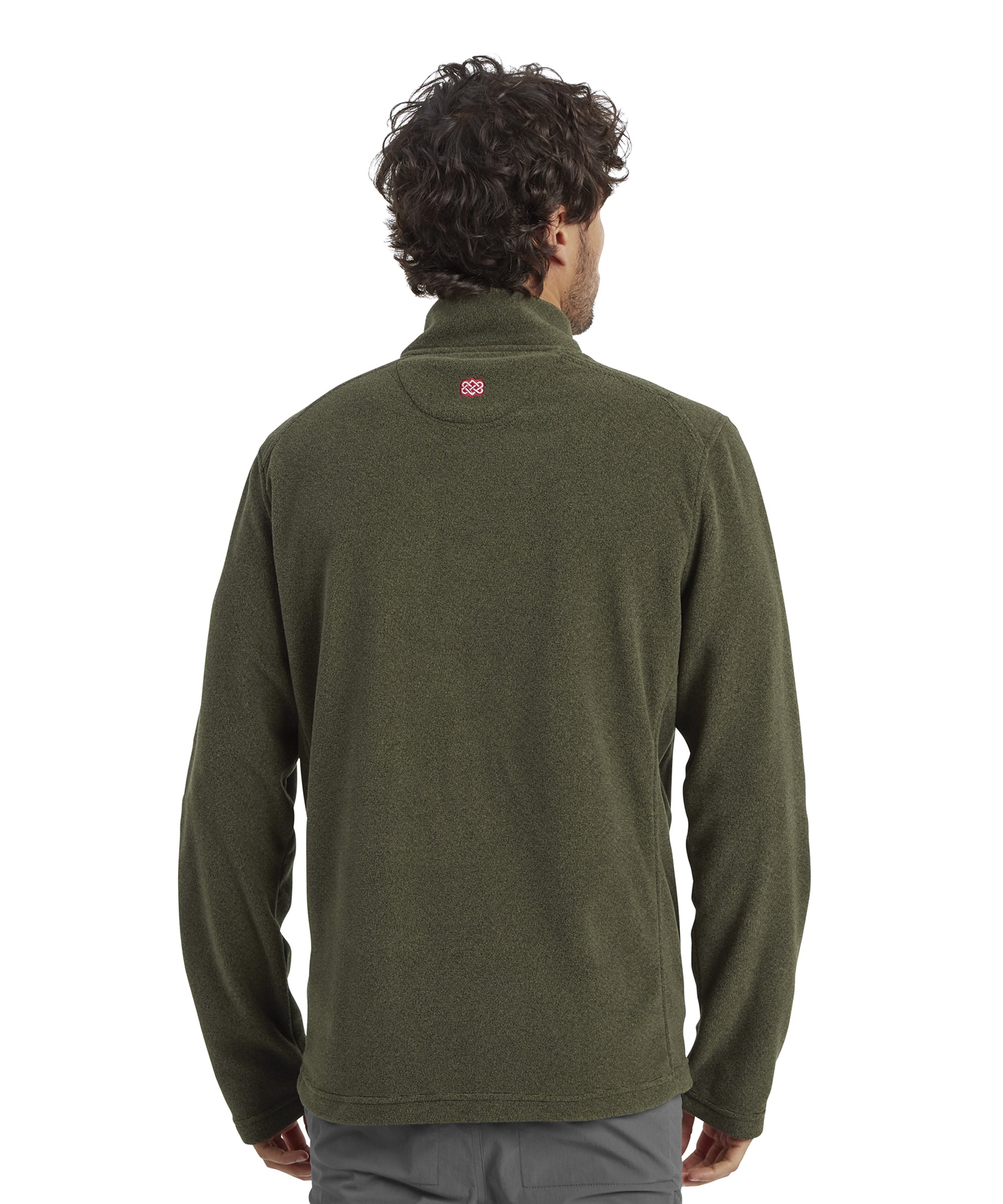 A rear view of the Sherpa Adventure Gear Rolpa Eco Quarter Zip in Green. The back features a minimalistic design with a small embroidered logo at the nape of the neck. The fabric's texture and the comfortable fit around the shoulders and hem are visible.