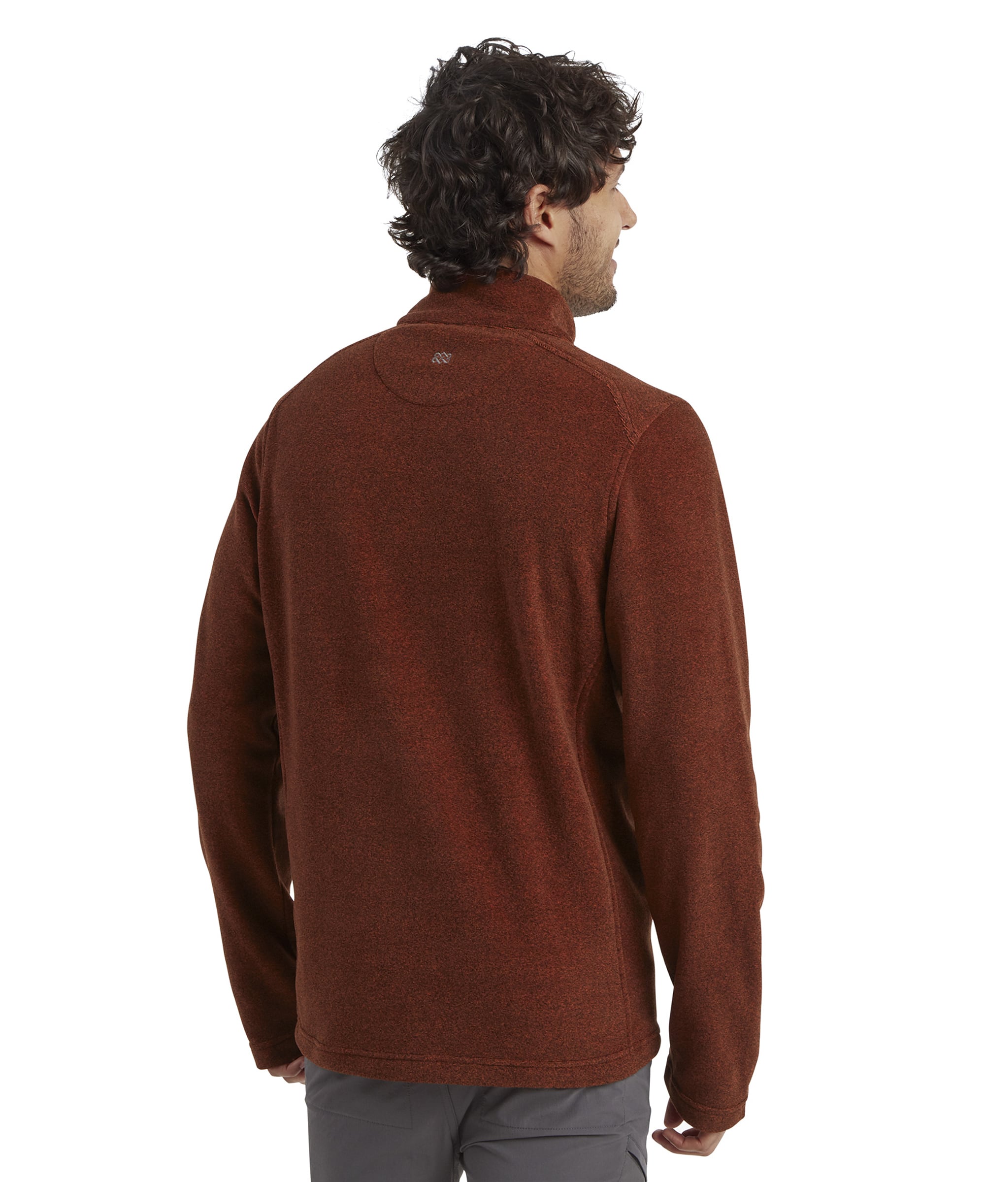 A back view of the Sherpa Adventure Gear Rolpa Eco Quarter Zip in Red, showcasing the clean design and subtle detailing on the collar. The garment's well-proportioned fit across the shoulders and upper back is accentuated in this image.