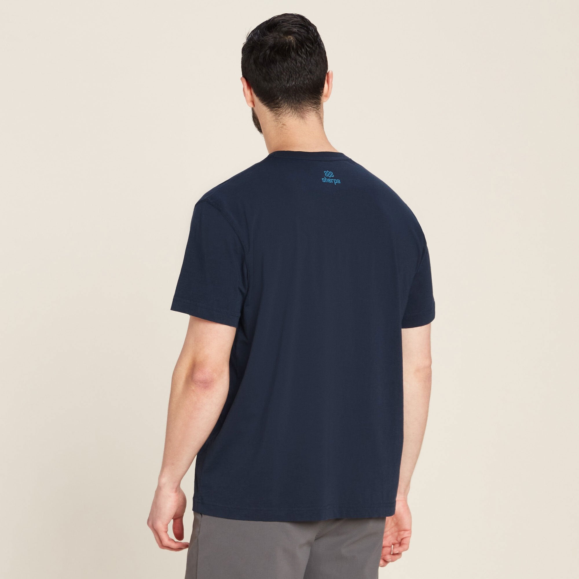 Rear view of the male model wearing the Sherpa Adventure Gear Parsa T-Shirt in Blue, standing against a neutral beige background. The back of the t-shirt features a small "Sherpa" logo in light blue centered below the neckline. The short sleeves extend just above the elbows, and the hem falls comfortably at the hips. The model stands with a relaxed posture, arms at his sides.