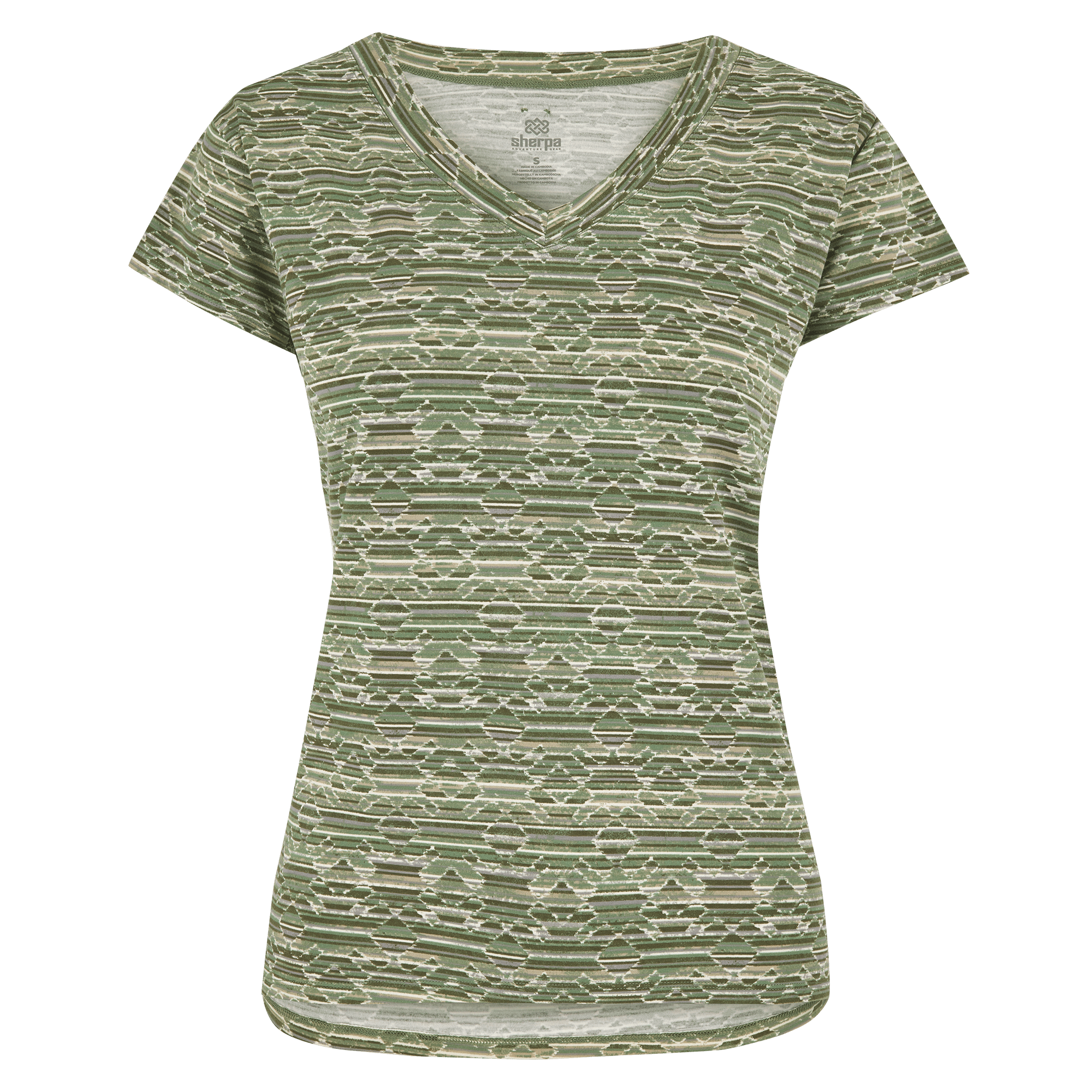 Neha T-Shirt mit V-Ausschnitt - Evergreen Tribal Geo