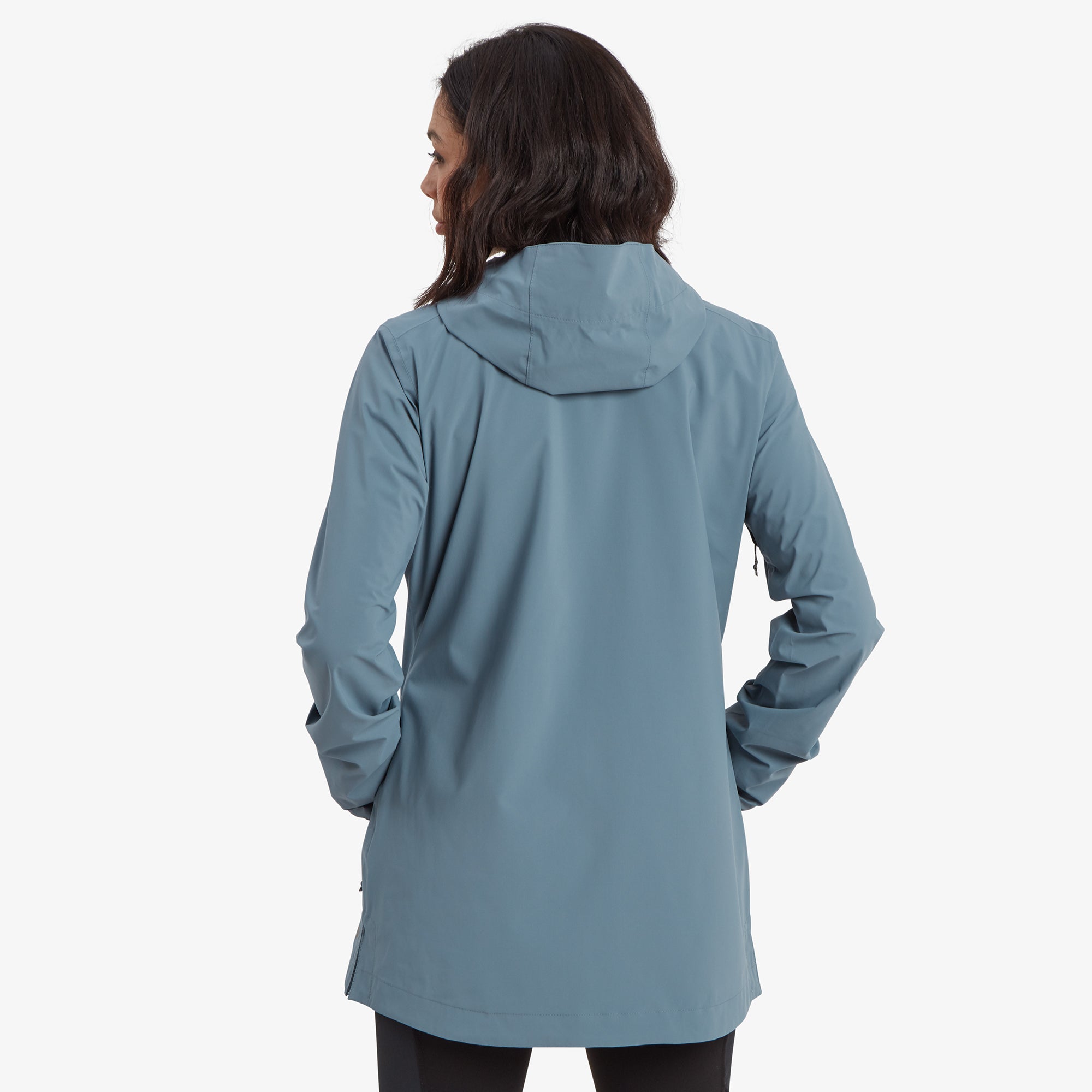 A rear view of the Sherpa Adventure Gear Nima 2.5-Layer Long Jacket in Blue, showcasing the hood and the streamlined back design with a slight flare at the hem for added comfort and mobility.