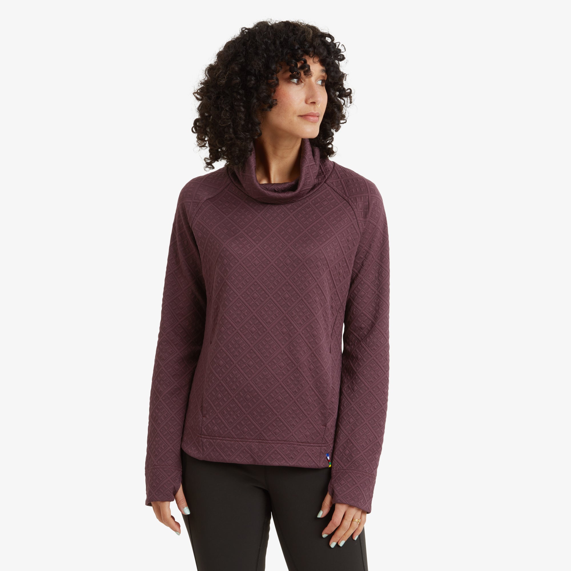 A woman with curly dark hair is modeling a Sherpa Adventure Gear Nyano Pullover in Purple. The pullover has a subtle geometric pattern and long sleeves. She is standing against a plain white background, looking to the side with a calm expression.